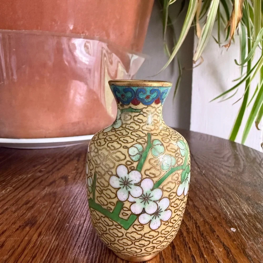 Miniature Gold and Green Cloisonné Vase
